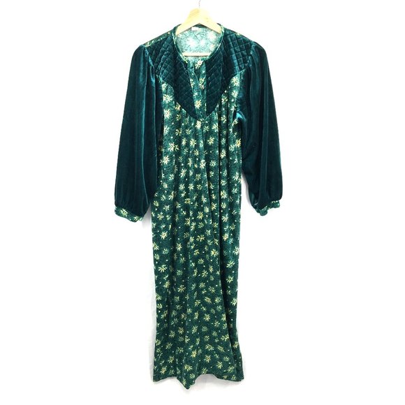 Vintage Other - vintage La Reine quilted velvet sleep house dress green floral cottagecore 42 M
